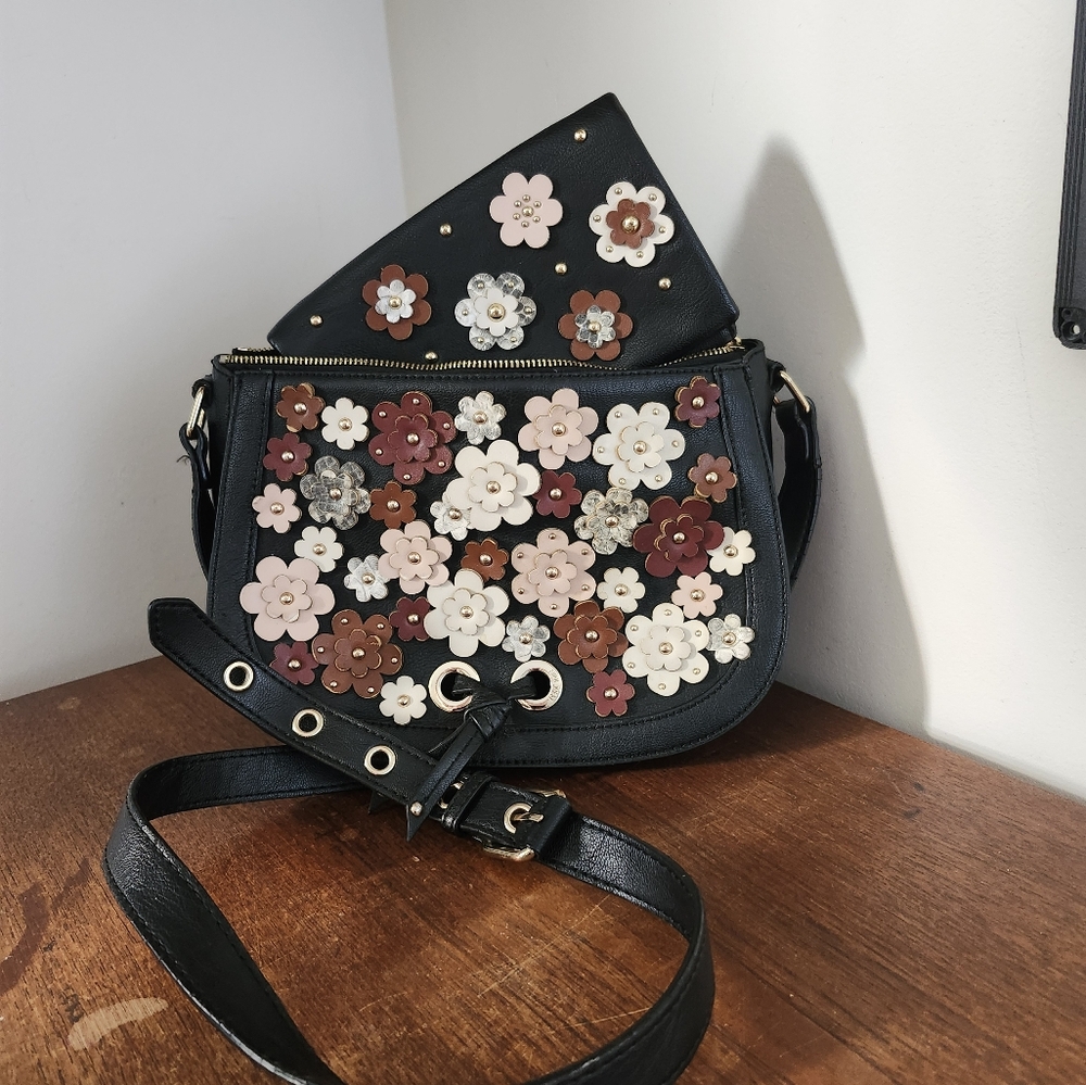 Floral Embellished Black Crossbody Bag